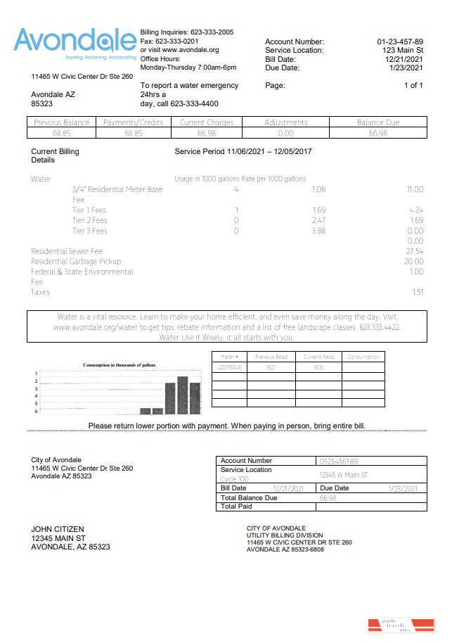 USA Arizona The City of Avondale Water utility bill template in Word and PDF format